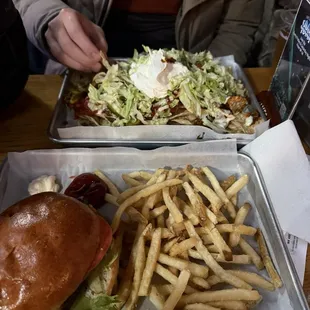 Burger (front) nachos 1/2 (back)