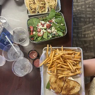 Grilled jalapeños &amp; cheese sandwich, summer salad, and pork tacos