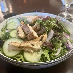 Market Salad with chicken- simple, but high quality and with organic greens and fresh red onion