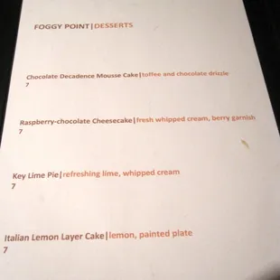 dessert menu
