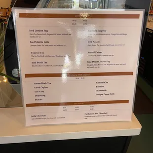 a menu for a tea shop