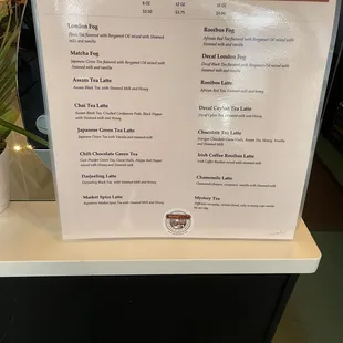 a menu for a coffee shop