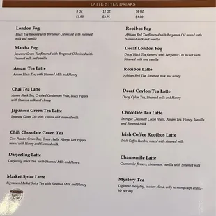 Latte style drinks menu