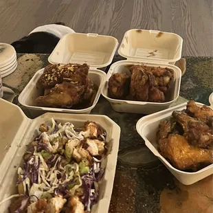 From top left...Hot Honey Crunch Wing, Nashville Wing, Buffalo Wing, and Loaded Nashville Fries