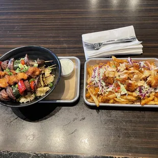 Chicken skewer bowl and loaded fries with Nashville hot chicken
