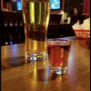 Cold beer n a shot of Bourbon