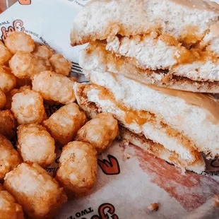 Fried Chicken sandwich with Hot Honey Mustard and Tots!
