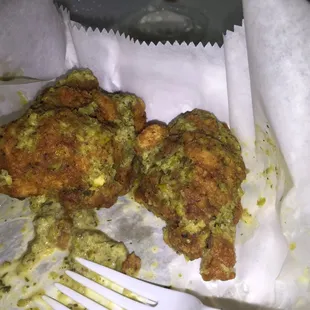 Forgot to take a photo until we were almost done, oops!  Boneless wings with viva la jalapeno sauce. SO GOOD.