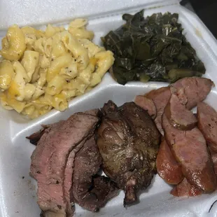 Grilled Meat Trio - Top Sirloin, Linguica &amp; Chicken - with Southern Style Collard Greens &amp; Baked Mac &amp; Cheese