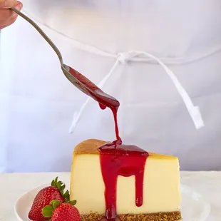 New York Cheesecake: Vanilla cheesecake with graham cracker crust topped with strawberry or caramel sauce, or served plain.