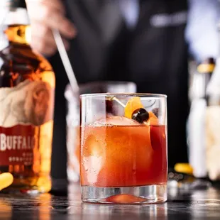 Buffalo Trace Bourbon, Carpano Antica, blood orange, angostura bitters on the rocks.