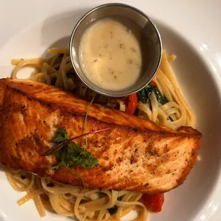 Salmon over pasta