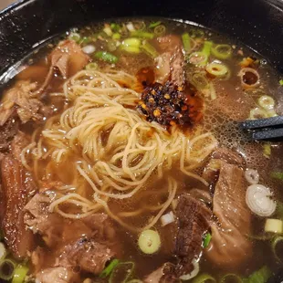 Beef strip noodles soup