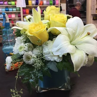 Yellow Roses and White Lillies, low arrangement!!