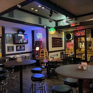 a bar with stools and tables