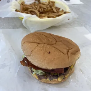 Bacon cheeseburger and fries