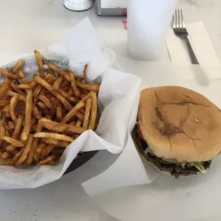 a hamburger and fries