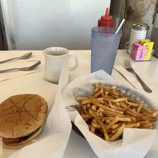 a hamburger and fries
