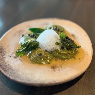 Nettle Ravioli - lilliput caper, black trumpet mushroom, buttermilk