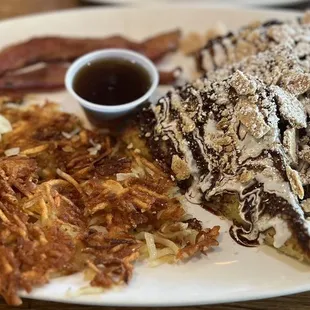 Smore&apos;s french toast, bacon, hash Browns