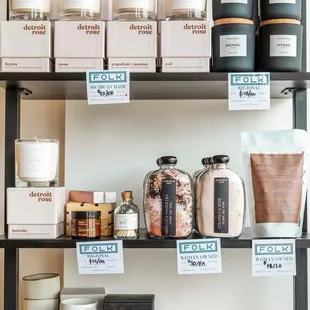 a shelf full of coffee and tea products