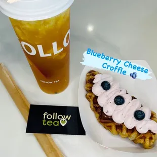 &quot;Indulge in the perfect blend of sweet and savory with our Mixed Fruit Tea paired with a Blueberry Cheese Croffle - a tantalizing treat for