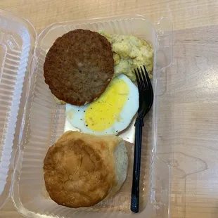 Grits, sausage, biscuit, and &quot;egg&quot;