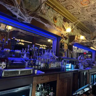 a bar with blue lighting