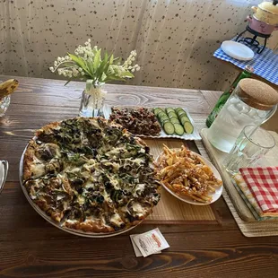 Pizza, Greek Fries, Side Dolma &amp; Eggplant Salad.