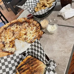 Chicken park panini, bbq chicken pizza, and fries