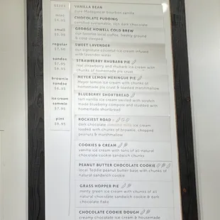 flavor menu with sizes and prices