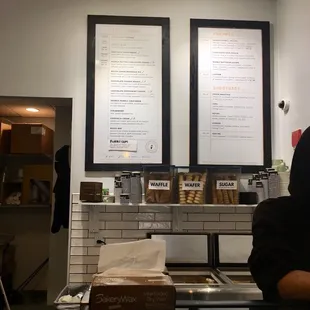 Counter, menu with ice cream, frappes, and smoothies