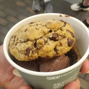 Gluten-Free Salted Chocolate Chip Cookie with Chocolate Pudding Ice Cream.