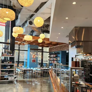 a view of a restaurant with tables and chairs