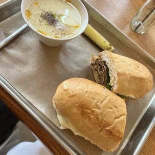 Meatball sub with lemon orzo chicken soup.