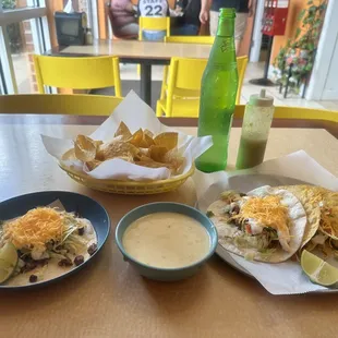 Steak soft taco supreme and beef taco&apos;s supreme on hard fried shells with chips and cheese