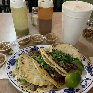 3 tacos and large horchata $11