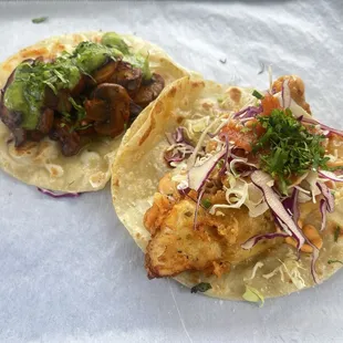 Birria de Mushroom and Baja Fish Taco
