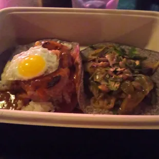 2 tacos on their current menu at Rosemallows - pepper on the right, loco moco on the left