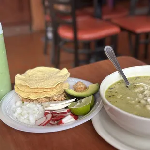 Green hominy soup with the fixings