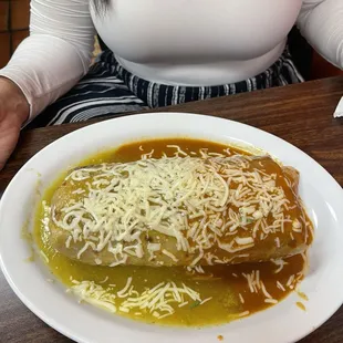 Super Wet burrito with half gravy and half green salsa