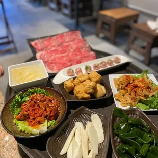 a variety of foods on a tray