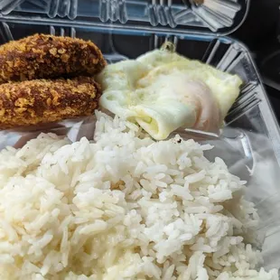 Salmon Croquet with Over East Eggs and Rice