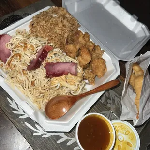 Orange chicken pan fried noddles pork fried rice