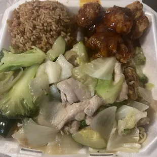 Chicken Plate -Chop Suey over pan fried noodle, pork rice and orange chicken ( substitute sweet &amp; sour for orange chicken $1 additional )