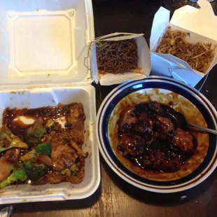 Peking Chicken on left, Sesame Pork on right, lo mein in the back and fried rice in back on right...not good at all...