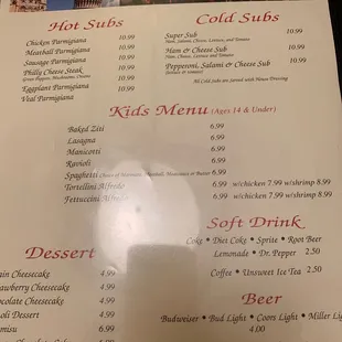 Kids menu