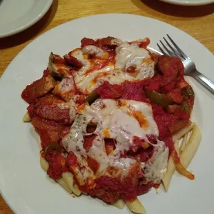 Meatball and sausage dinner with penne