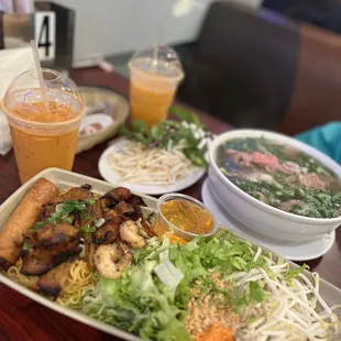 Charbroiled pork/ shrimp and egg roll, Rare beef pho and Thai tea