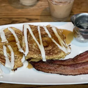 Cinnamon Roll French toast (not worth $18) but good. Bacon tastes like sausage?!?